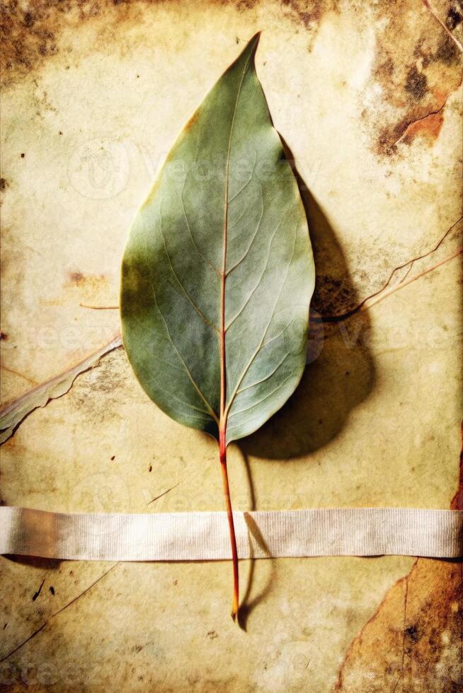 A single leaf placed on a textured surface with earthy tones. photo