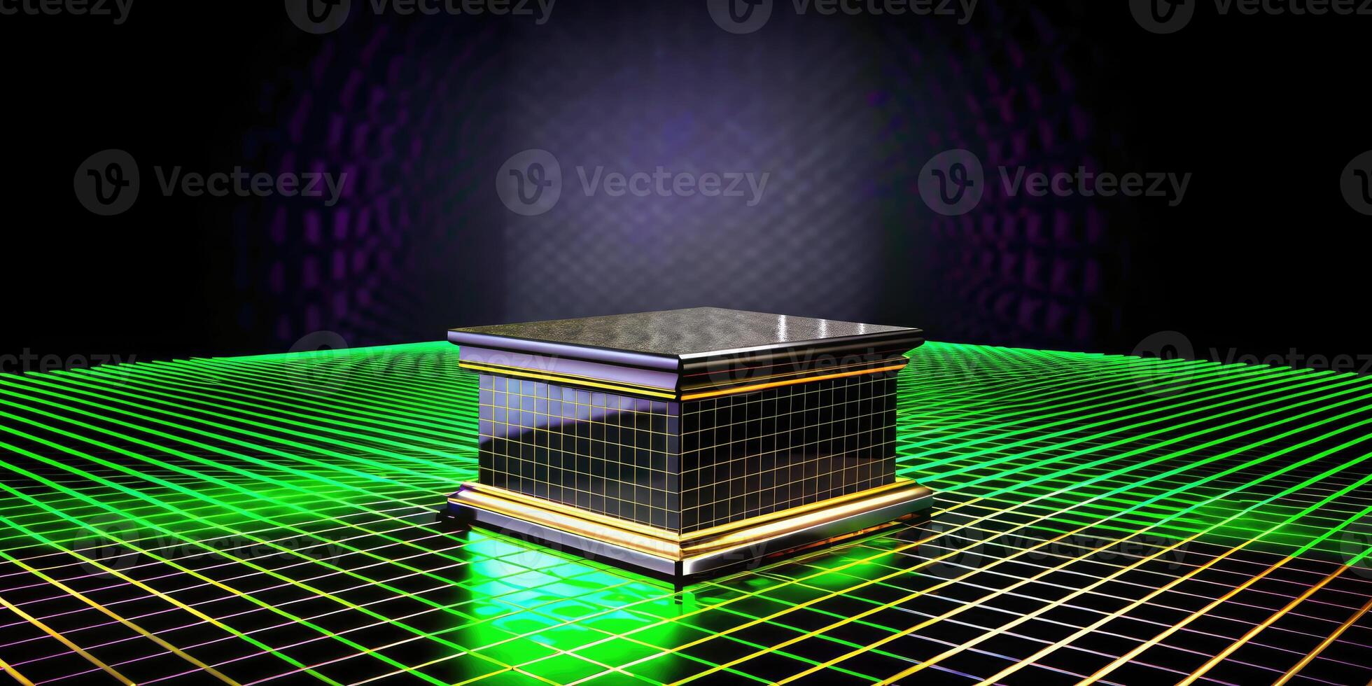 Futuristic neon-lit cube on a glowing digital grid. photo