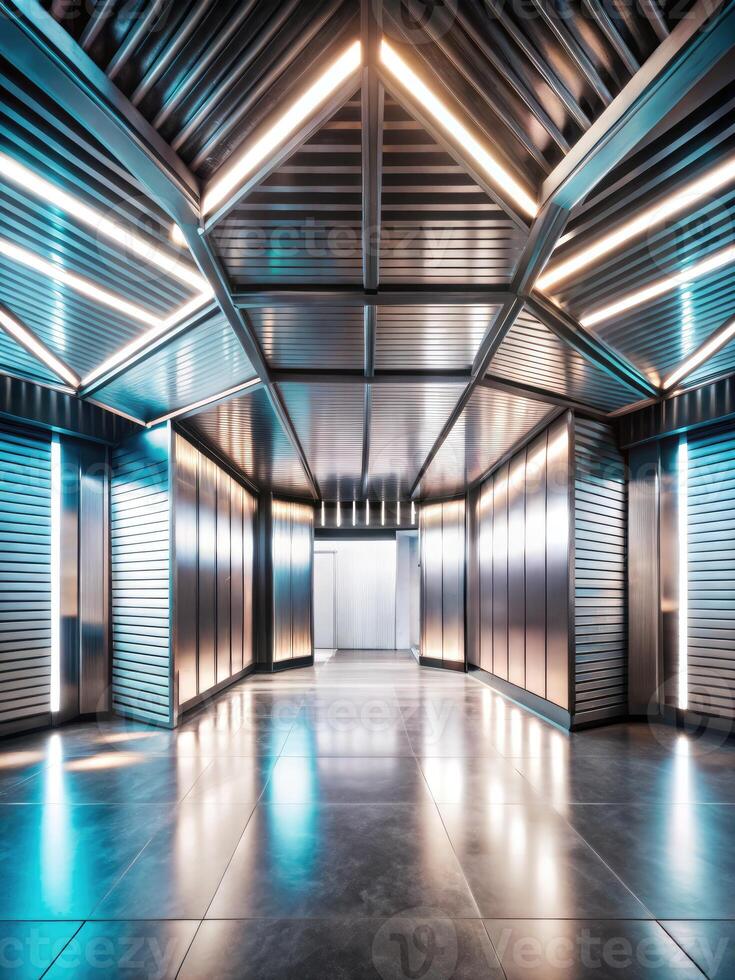 Symmetrical hallway with glowing lights and reflective surfaces. photo