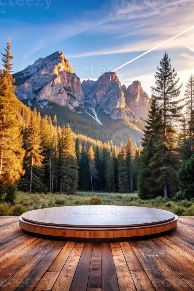 Scenic mountain view with autumn trees surrounding a hot tub. photo