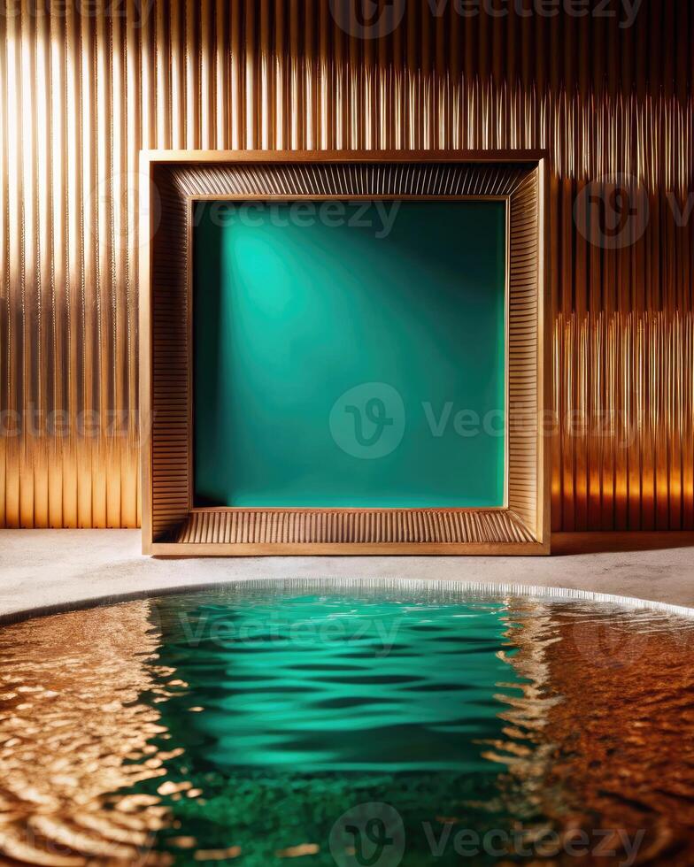 Luxurious teal frame above tranquil water. photo