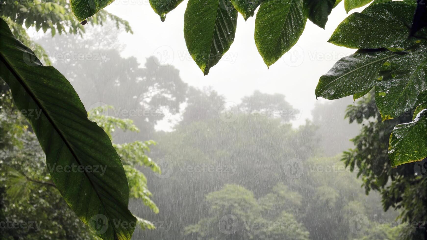 Lush Tropical Leaves Framing a Misty Jungle Landscape photo
