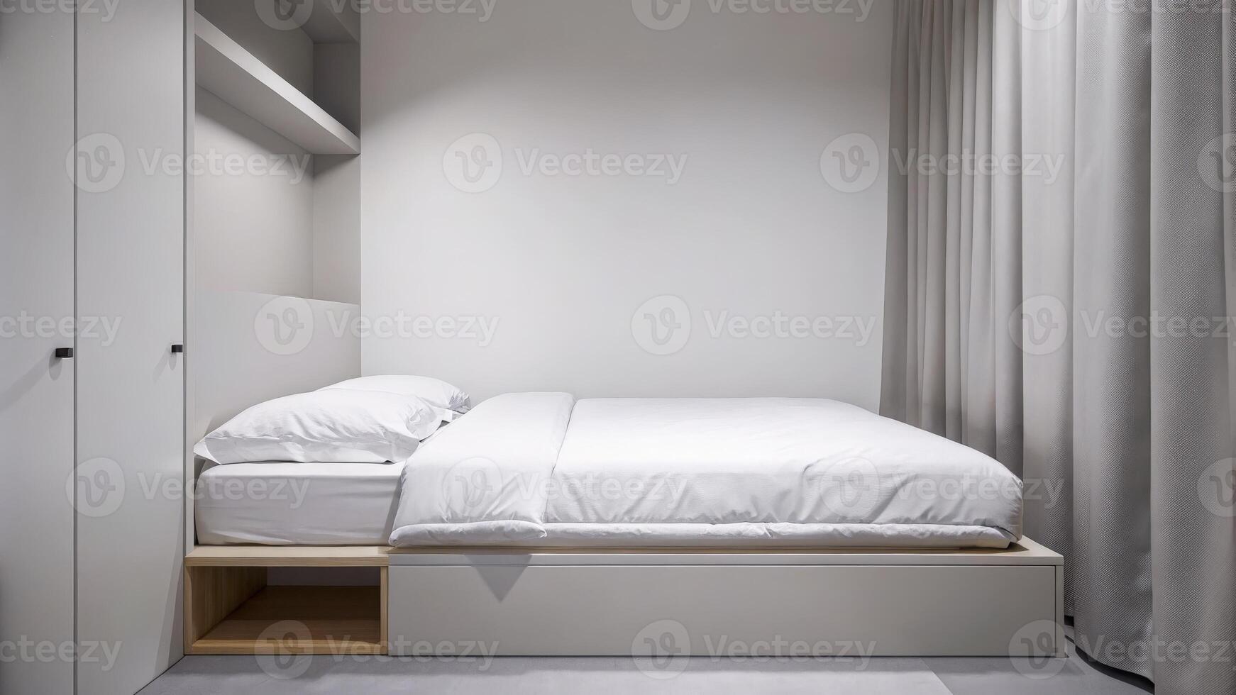 Simple Modern Bedroom with White Linens and Wooden Furniture in Soft Light photo