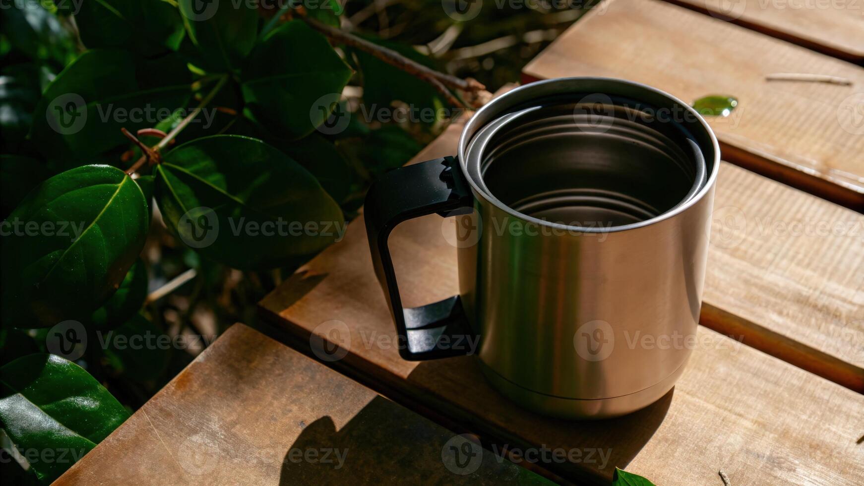 Stainless Steel Travel Mug on Wooden Bench with Green Foliage photo