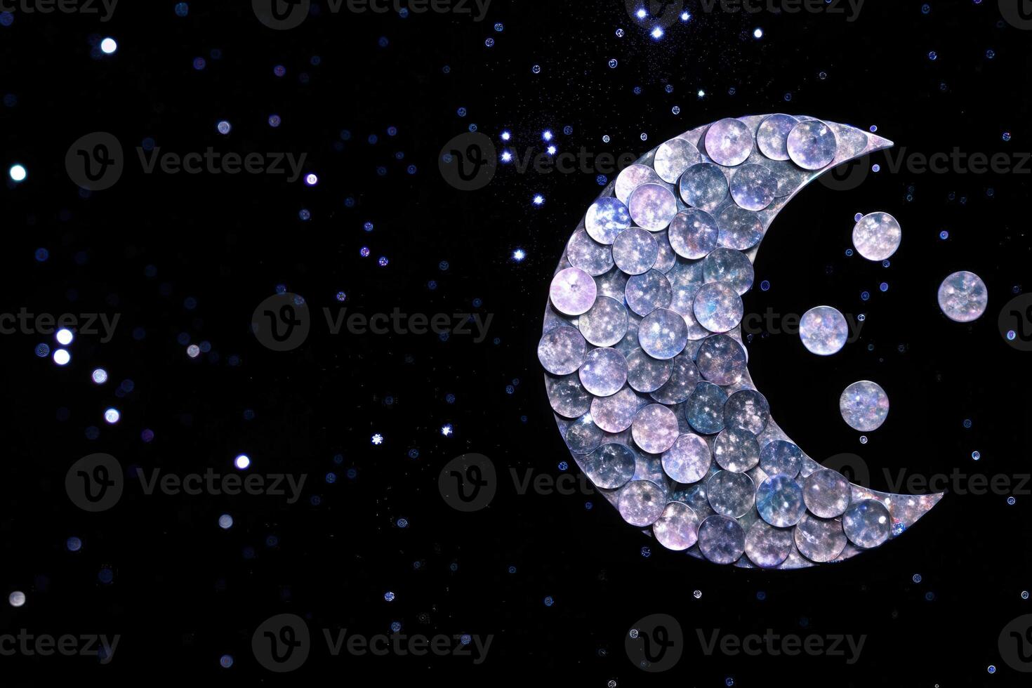 Glittering Crescent Moon and Stars on Black photo