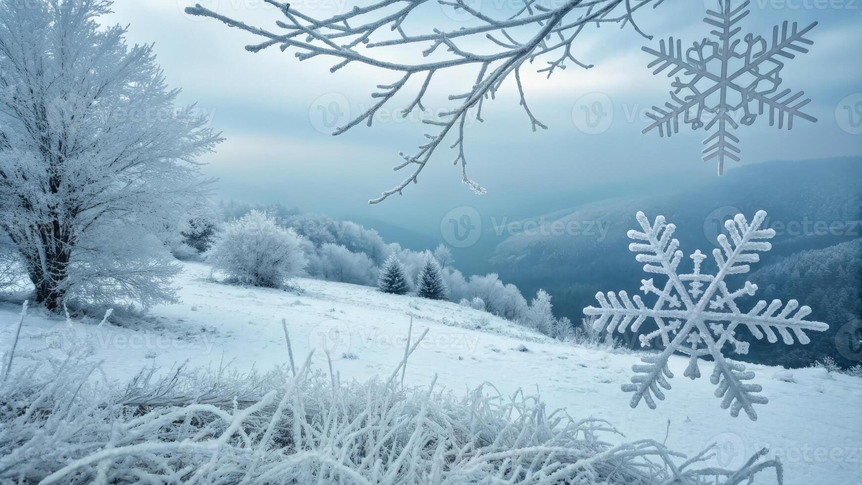 Snow-Covered Landscape with Frost-Draped Branches and Hills photo
