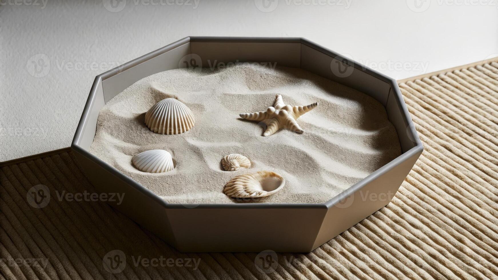 Minimalist Zen Garden with Sand, Seashells, and Starfish on Tabletop photo