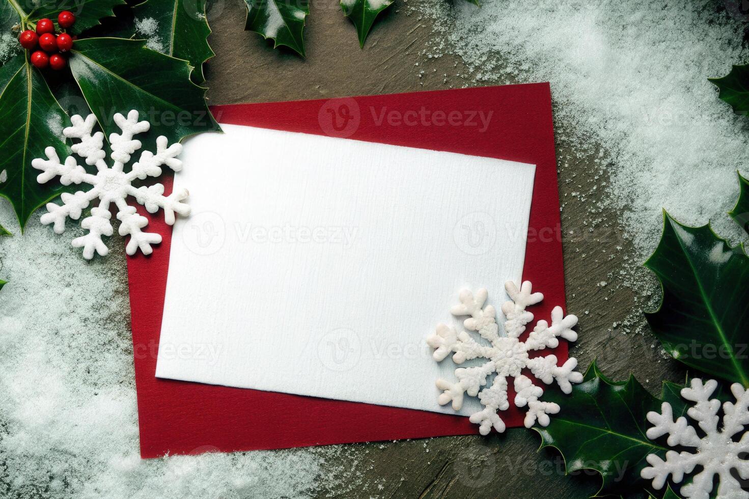 Winter Greeting Card Template with Snowflakes and Red Envelope photo