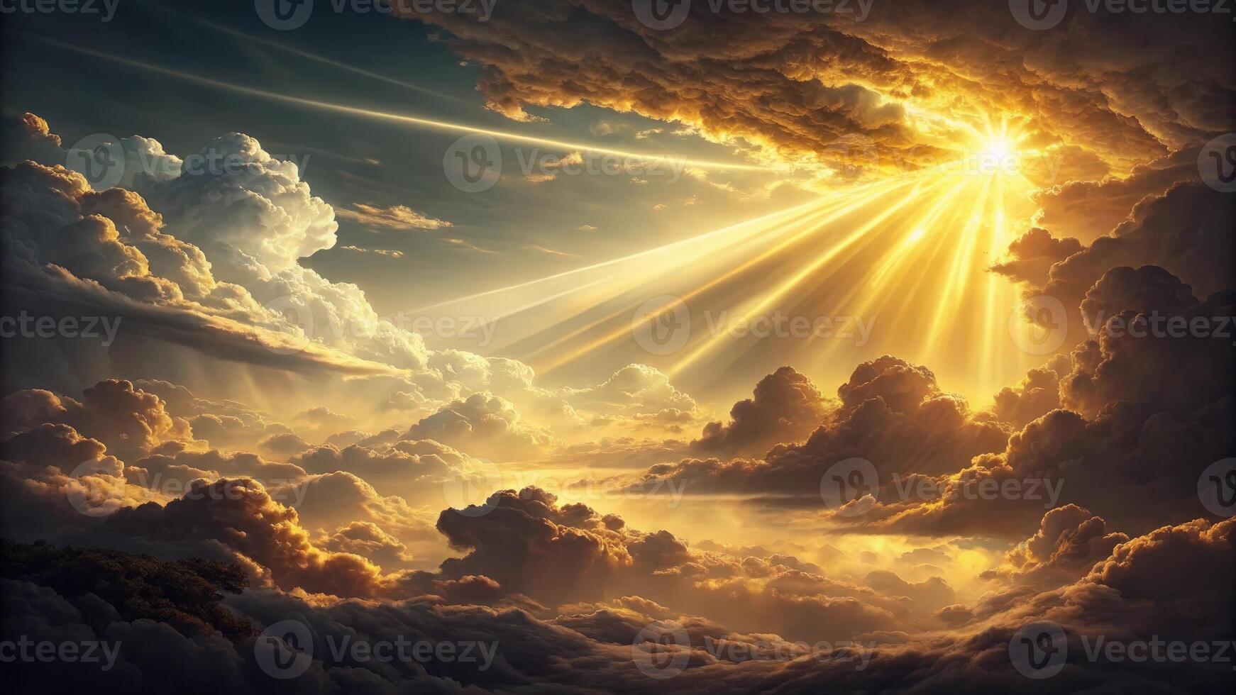 Dramatic Sky with Golden Sunbeams Breaking Through Dark Clouds photo