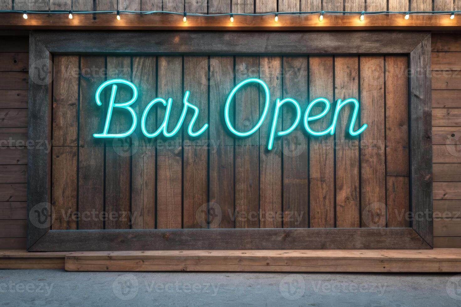 Rustic Wooden Bar Sign Featuring a Neon Bar Open Light photo