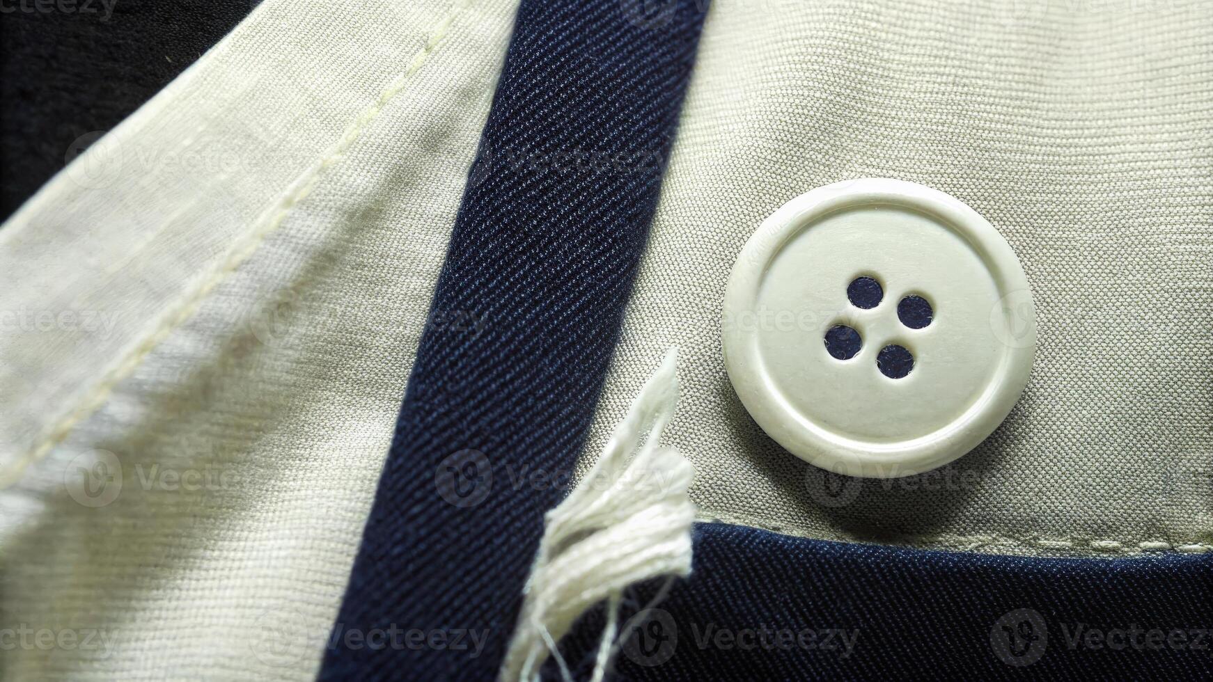 Close-Up of White Button on Blue and White Fabric with Fine Details photo
