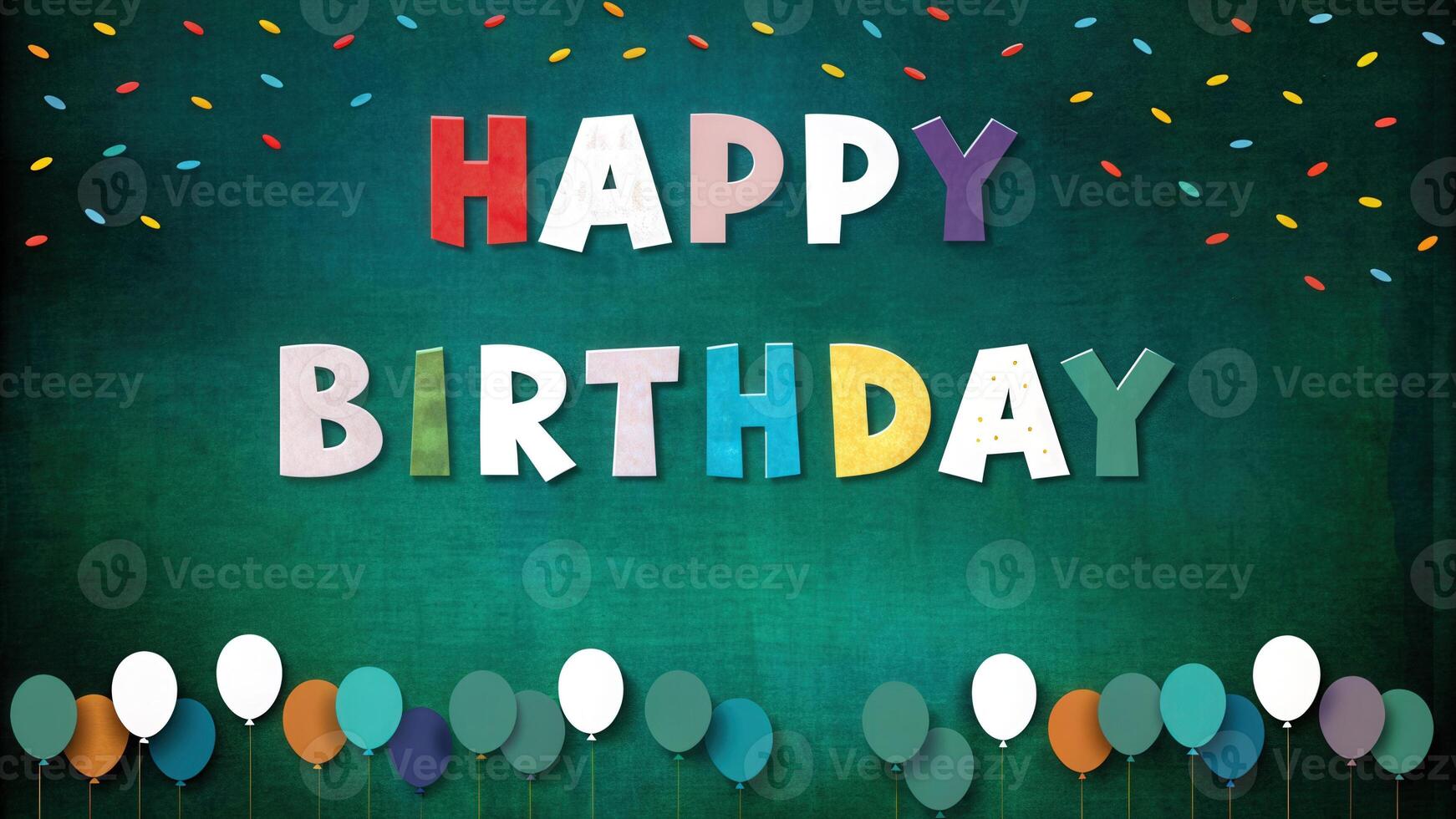 Happy birthday sign with colorful balloons on a festive background. photo