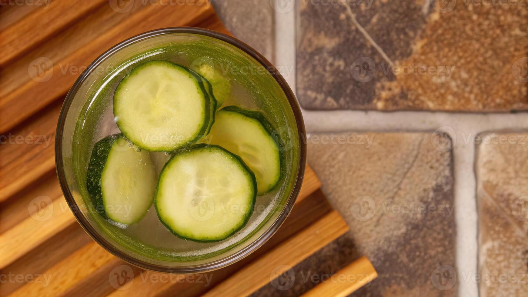Sliced cucumbers in a refreshing spa water glass. photo