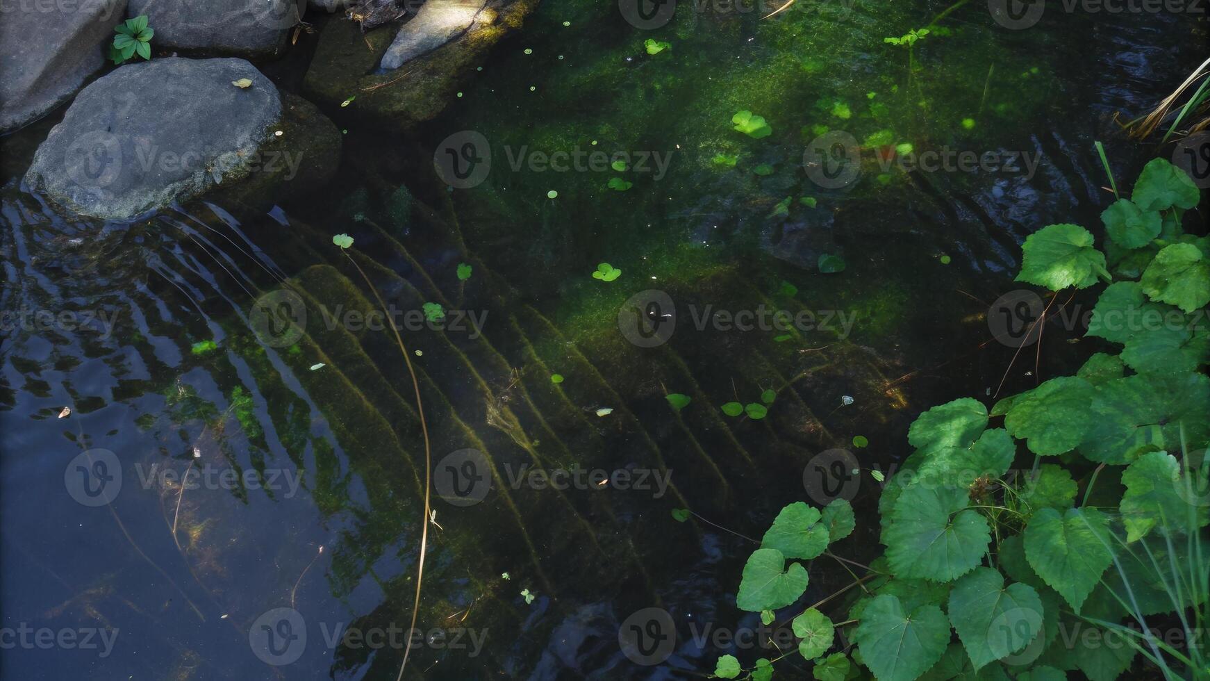 Natural Pond with Green Water Plants and Stone Edge photo