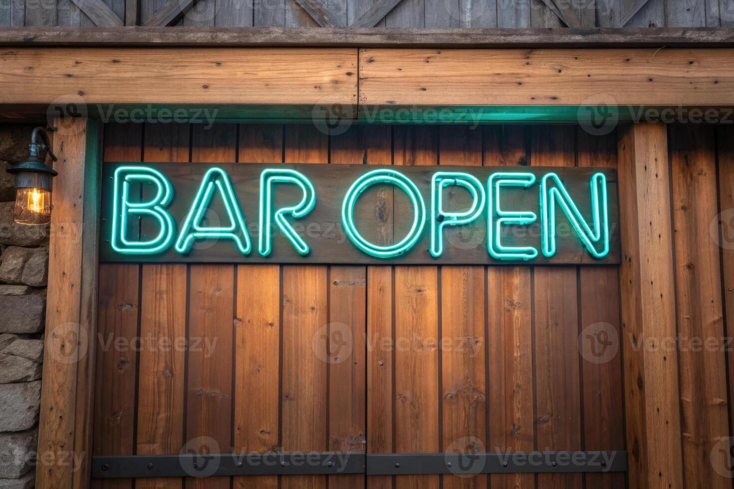 Neon Bar Open Signboard on Rustic Wooden Wall photo