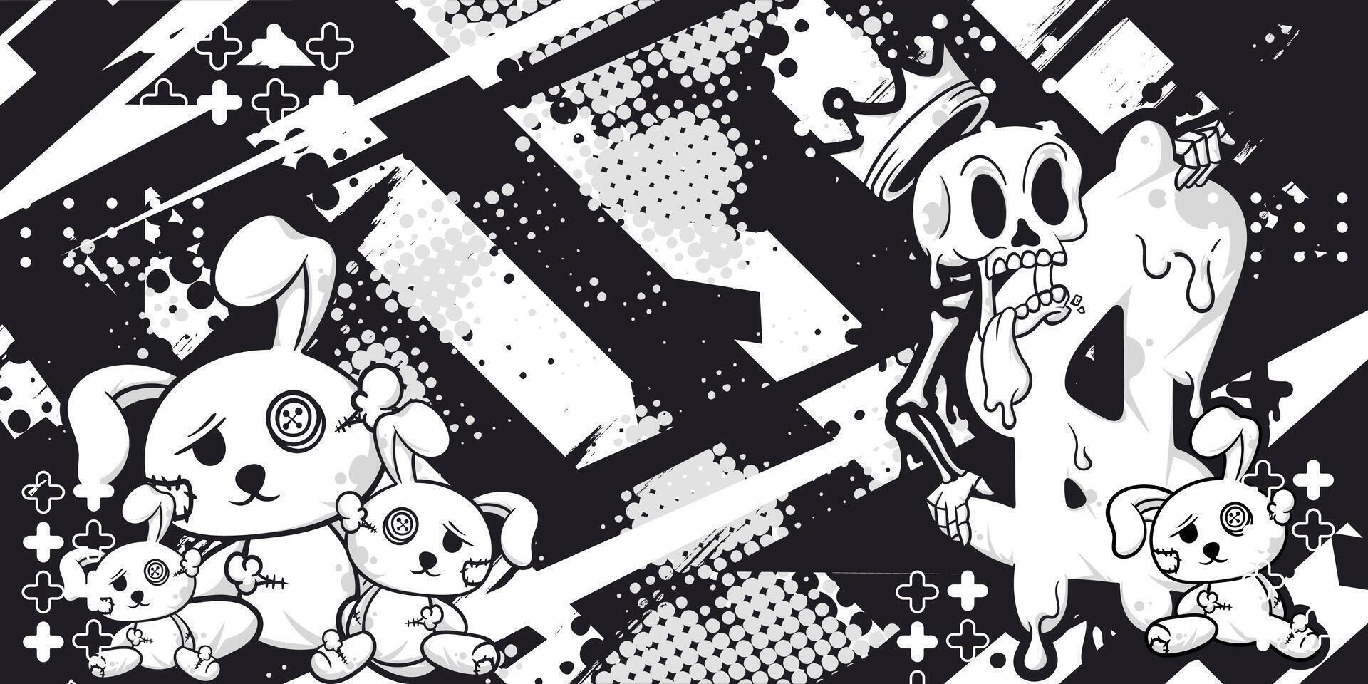 Black and white abstract racing background with stuffed rabbit and skull objects vector