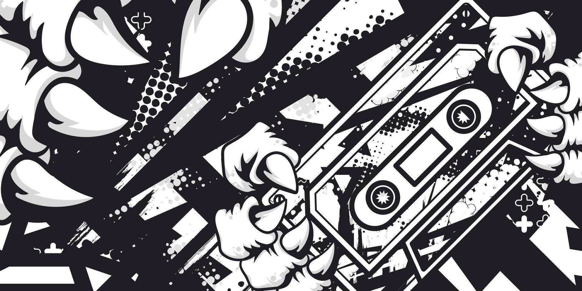 Black and white abstract grunge background with music cassette objects and monster claws vector