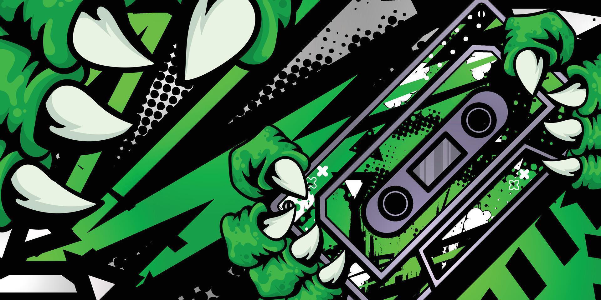 Green abstract racing background with music cassette object and monster claws vector