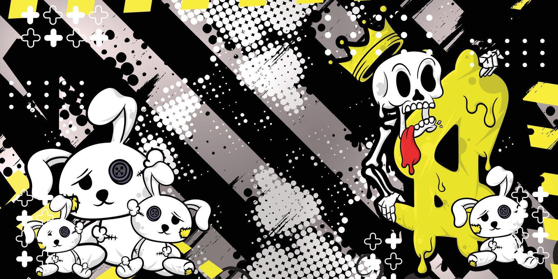 Abstract background design with rabbit and skull doll objects, graffiti background vector