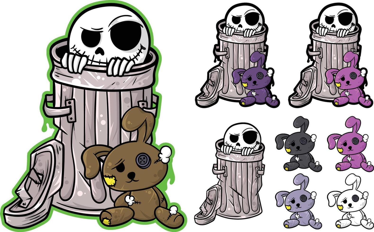 Cartoon illustration with objects skull in a trash can and stuffed rabbit vector