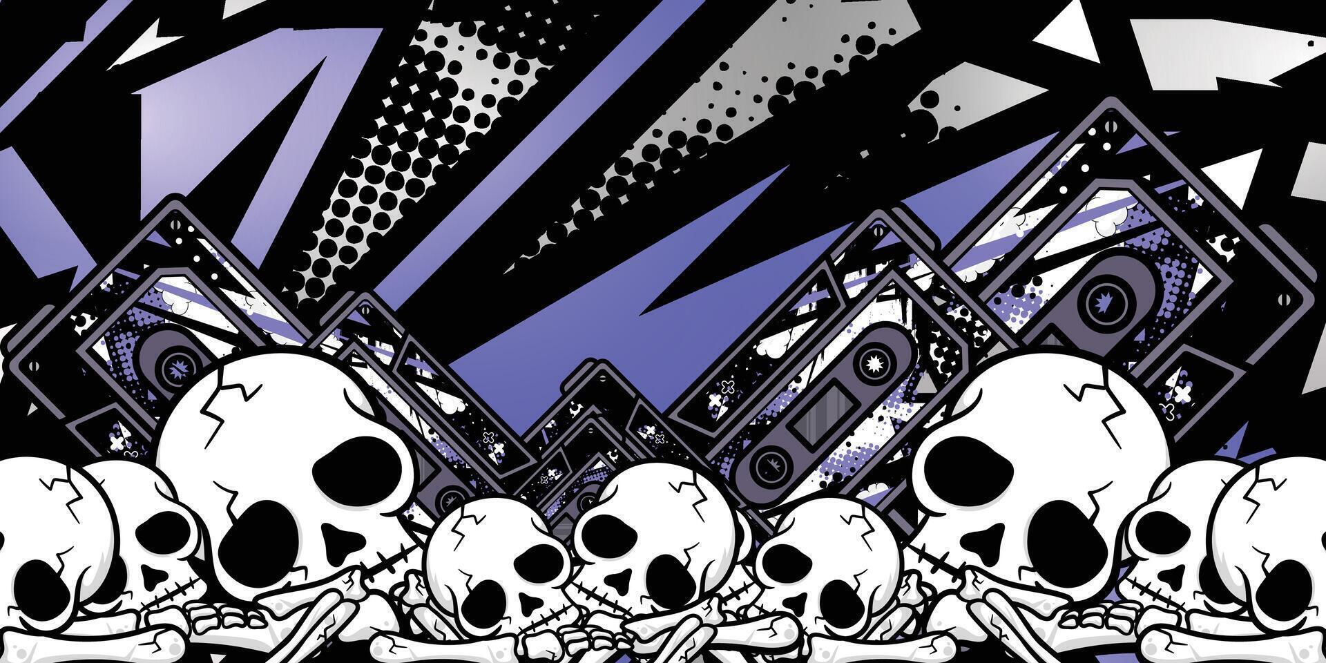 Blue abstract racing background with music cassette and skull object vector