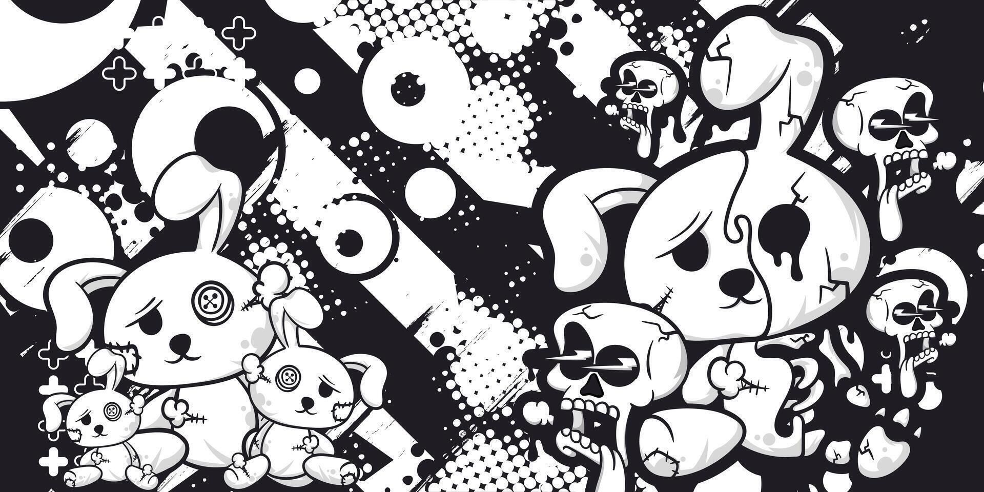 Black and white abstract grunge background with stuffed rabbit and skull objects vector