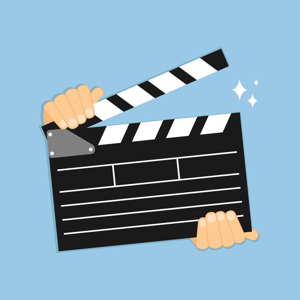 Hands holding clapping movie clapperboard, film slate icon. Filmmaking equipment icon. Cinema symbol vector