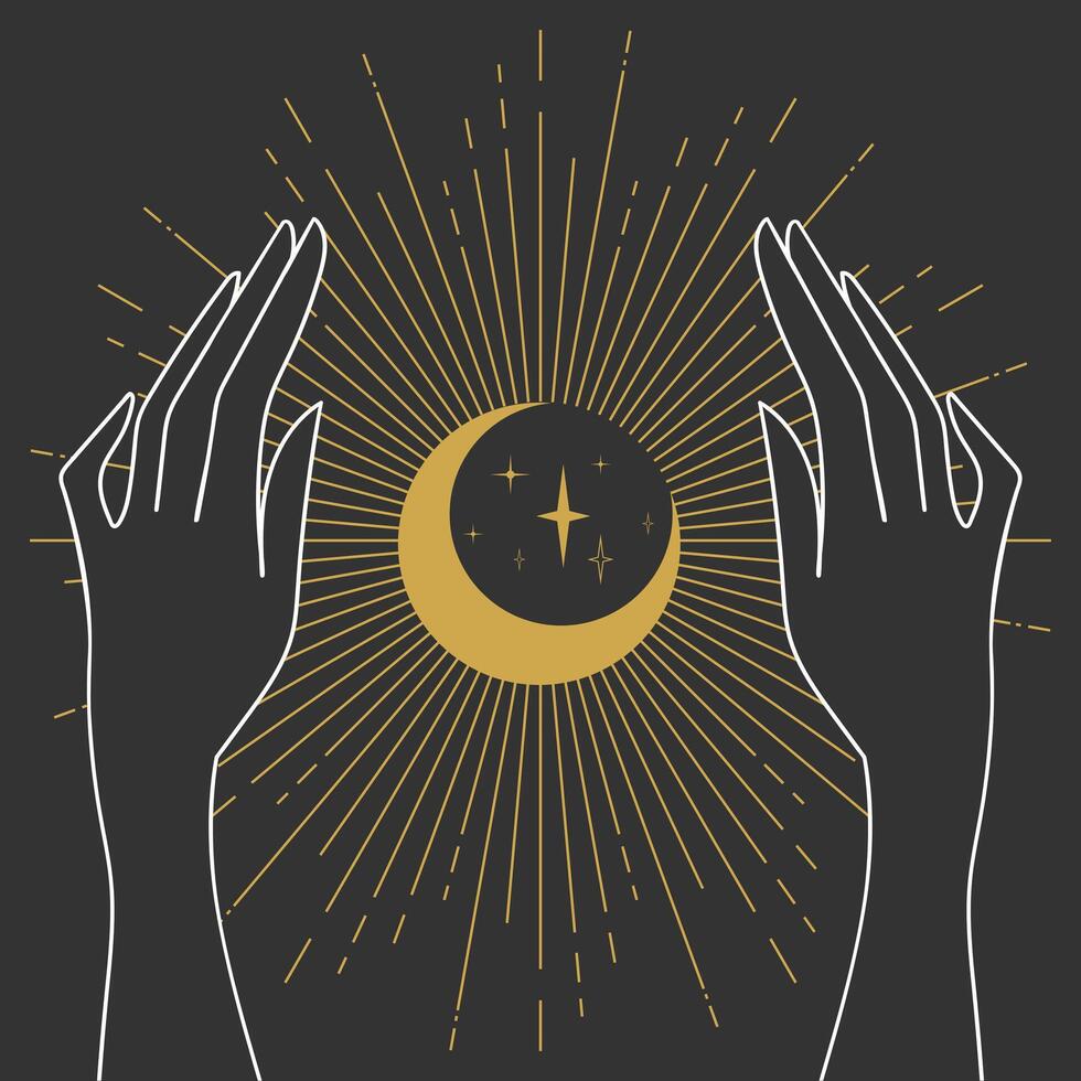 Woman hands with shiny celestial crescent moon. Magic and sorcery vector
