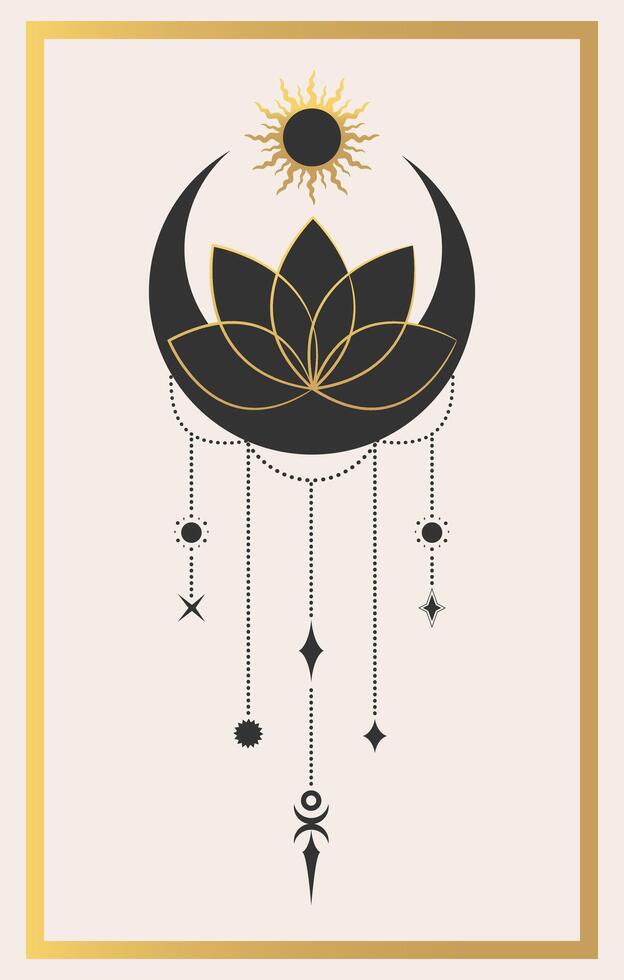 Golden celestial emblem of lotus flower on a crescent and space decorations. Decorative space element vector