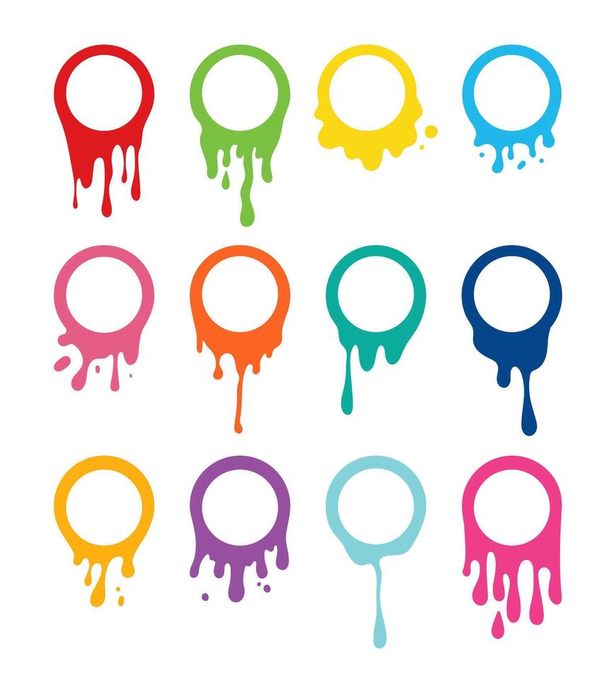 Empty paint round splashes with drops, liquid shape, stains. Empty colored melt drip paint circles. Colorful paint fluid vector