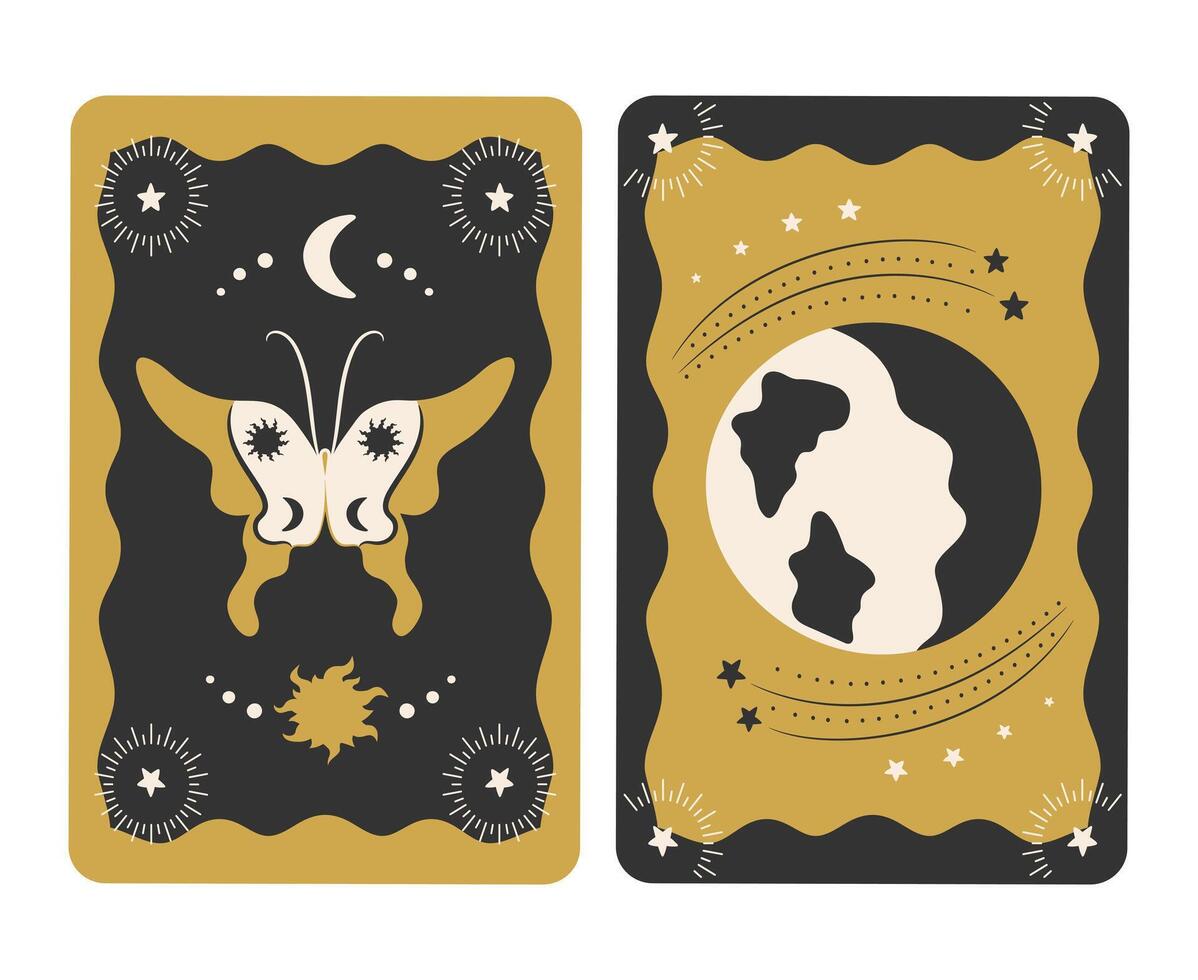 Hand drawn Tarot card design. Reverse side of Tarot deck with butterfly and Earth planet. Mystery, astrology, esoteric vector