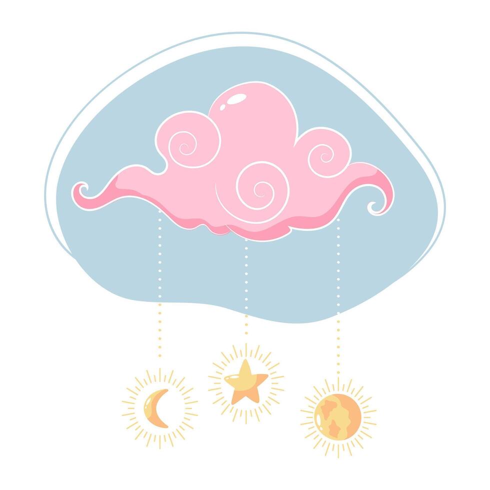 Sky cloud doodle decoration with star, crescent and planet pendants. Cartoon childish style vector