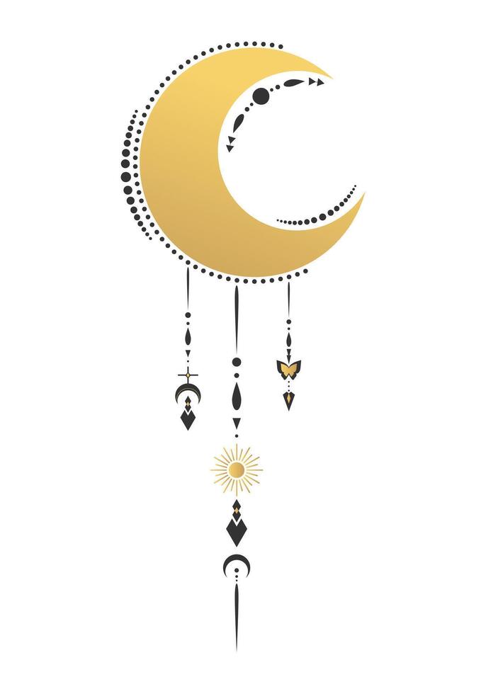 Golden celestial emblem with crescent moon with decorative pendants vector