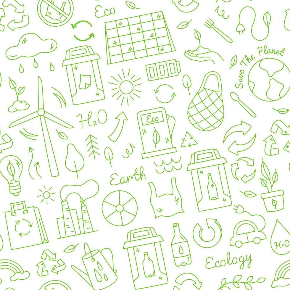 Eco icon pattern. Recycle, ecology and green energy seamless print, zero waste ecological symbols for wrapping paper, environmental fabric textile. eco friendly texture vector