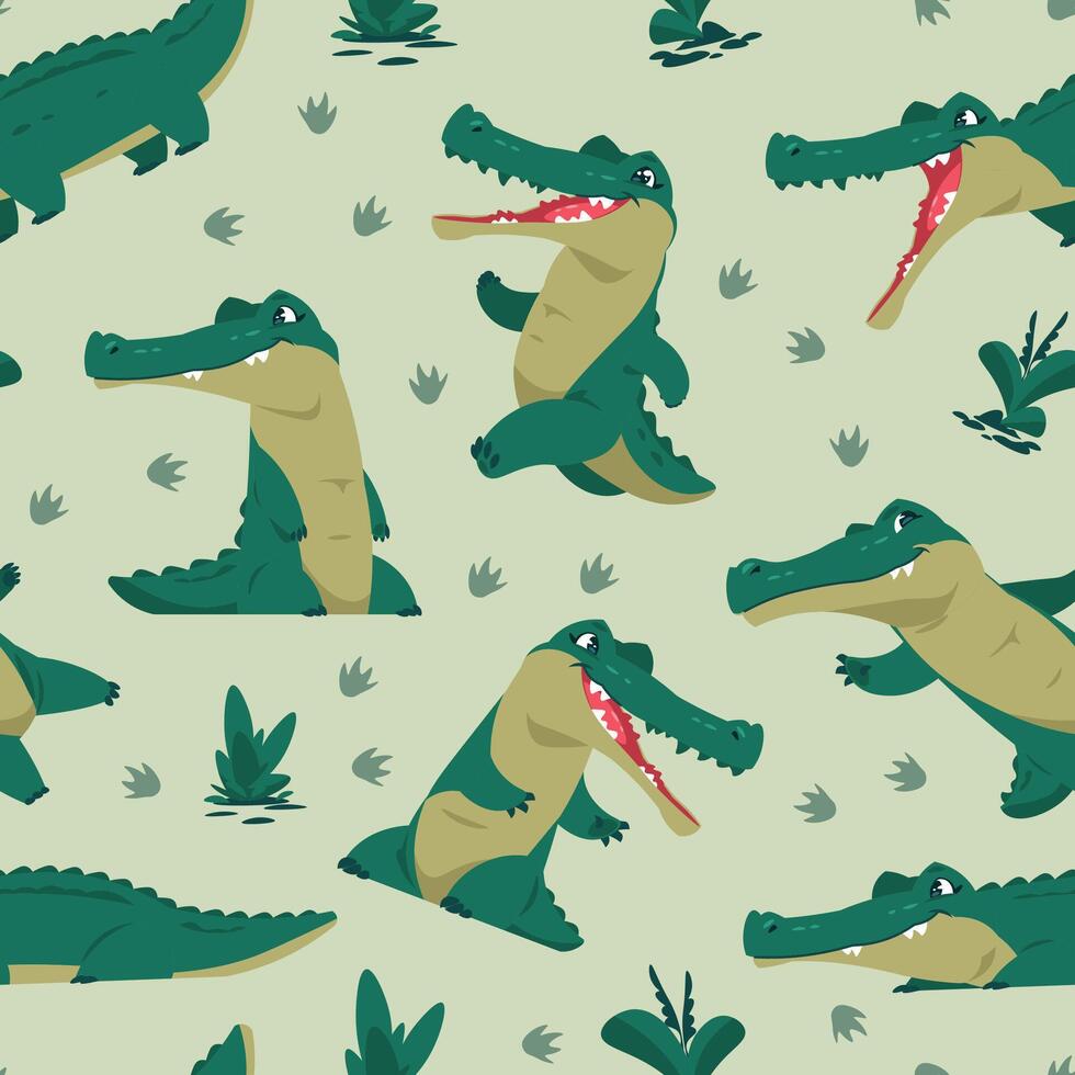 Cute crocodile pattern. Alligator animals seamless print, funny cartoon childish crocodiles characters for wrapping paper, reptile textile fabric design. alligators texture vector