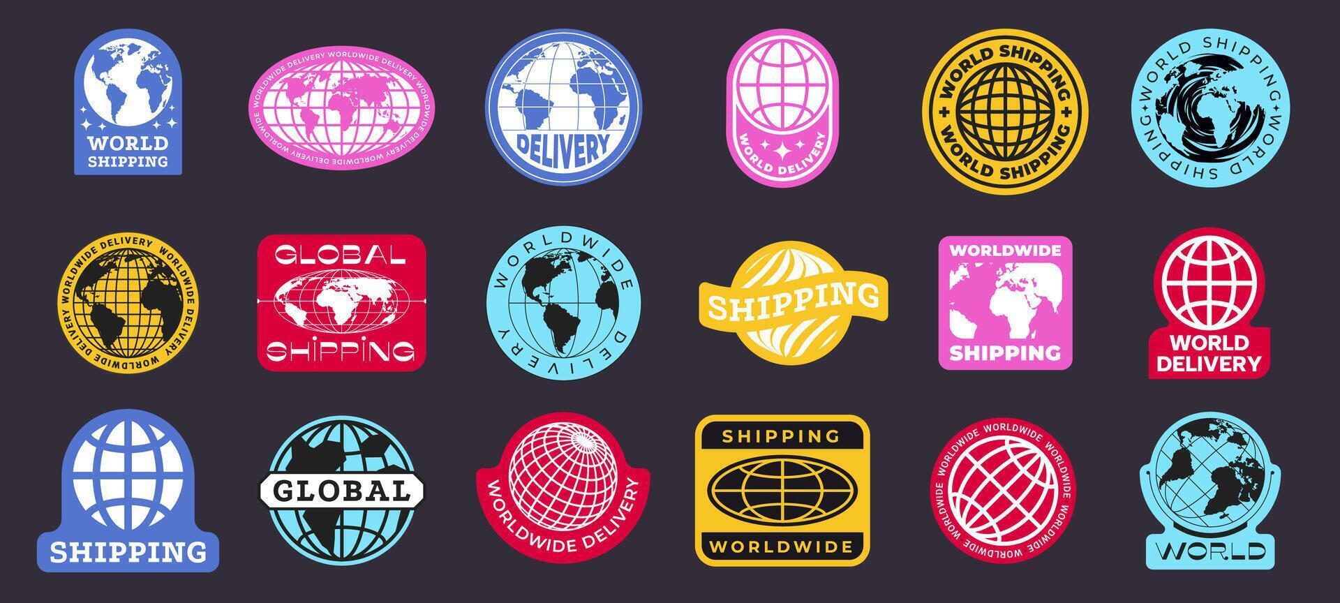 World globe badge. Shipping abstract stickers with global delivery, international shipping and worldwide service globe icons. logistic label collection vector