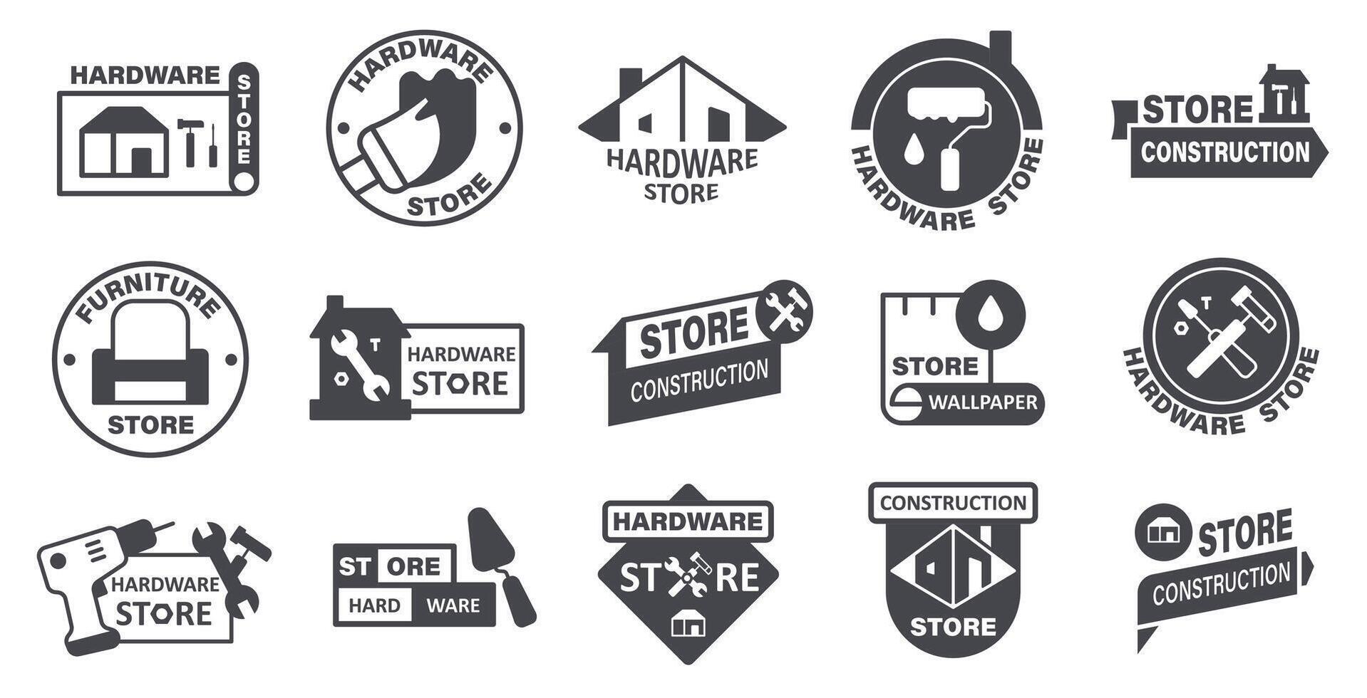 Building tool logo. Home repair hardware store, DIY instruments and renovation tools, handyman repairman house maintenance equipment, construction store emblem. set vector