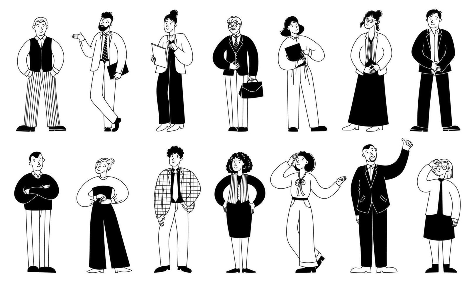 Doodle business people set. Line sketch office persons, black outline diverse group of men and women characters in formal clothes. businessman community set vector
