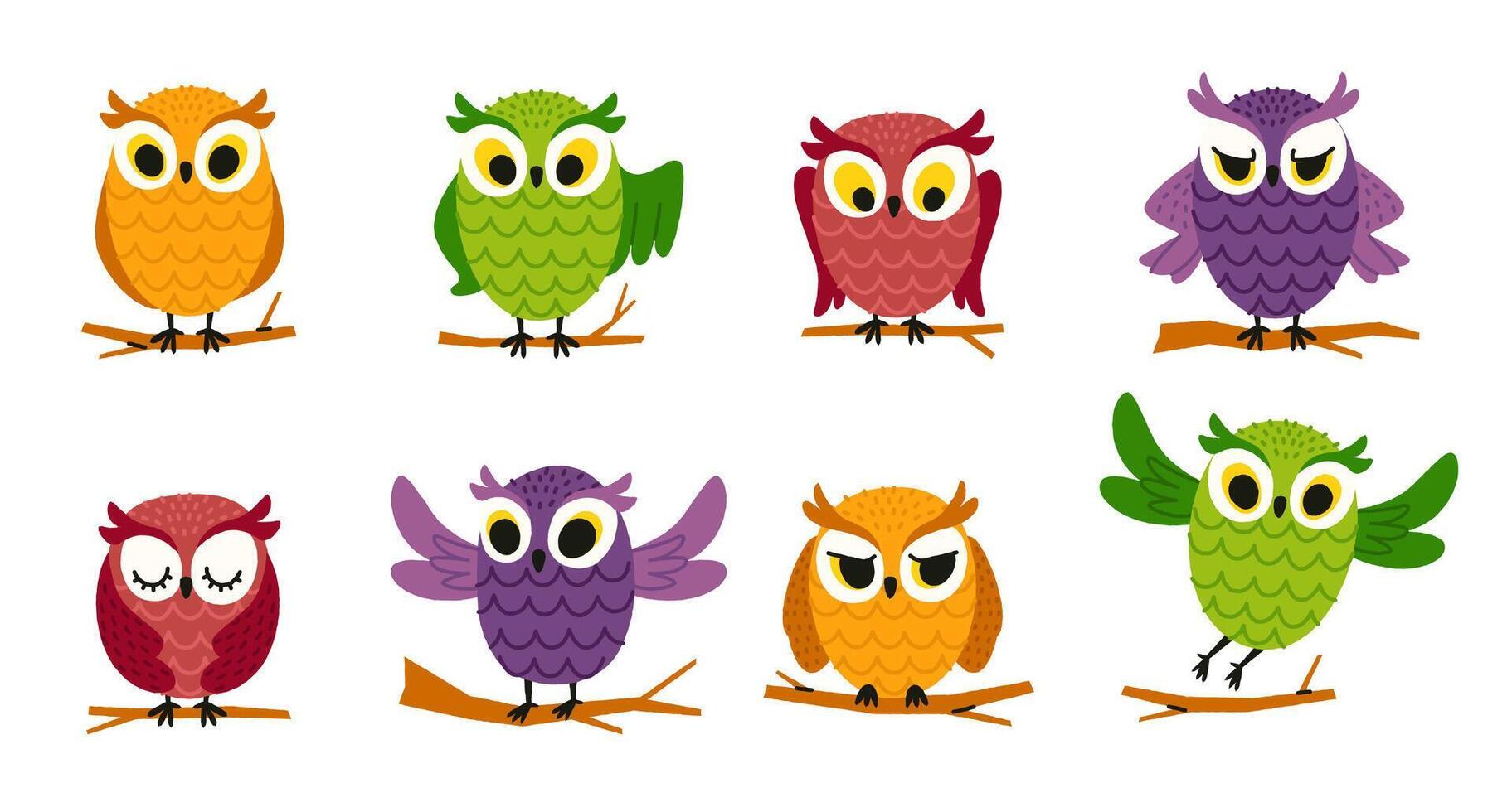 Cute owl on branch. Cartoon owl bird character, colorful zoo wildlife nocturnal predator birds with big eyes, owls flat collection. bird isolated set vector