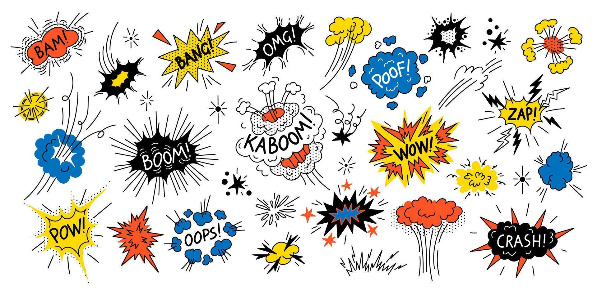 Doodle speech bubble. Comic boom explosion with text and smoke clouds, onomatopoeia sound labels, funny dialog balloon message pop art style. impact graphic set vector