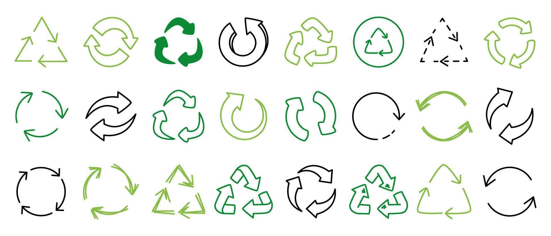 Doodle recycle icons. Reuse sketch arrows circular shapes, recycling elements logo design, eco environmental protection recyclable symbols, zero waste. ecological set vector