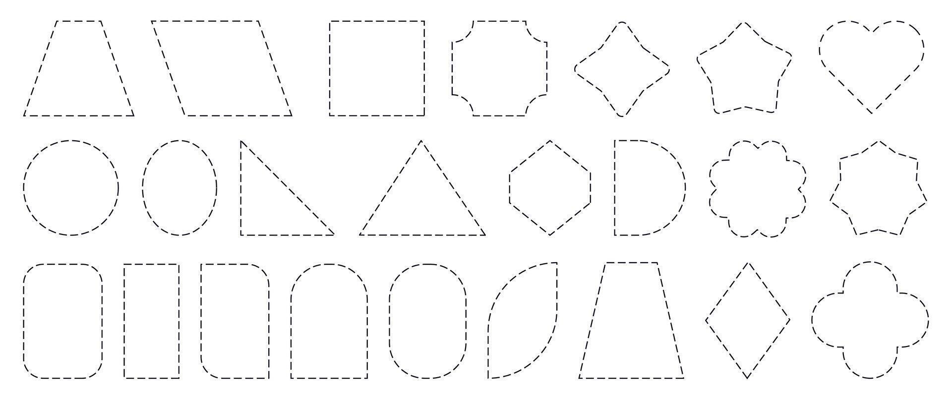 Dashed line frames. Dash dotted square circle linear borders, simple rectangle oval hexagon triangle heart star outline dashed shapes for geometric coupon frame. border set vector