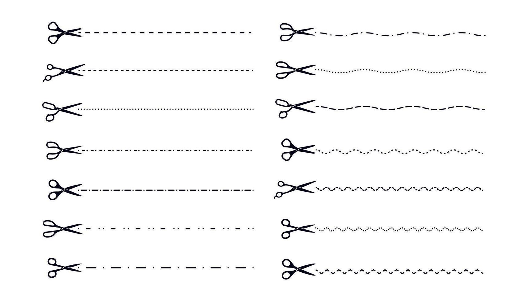 Scissor line cut. Scissors trim dot dash border, sketch cutout icons, black zigzag straight crop lines with tailor scissor shear tool signs. silhouette collection vector
