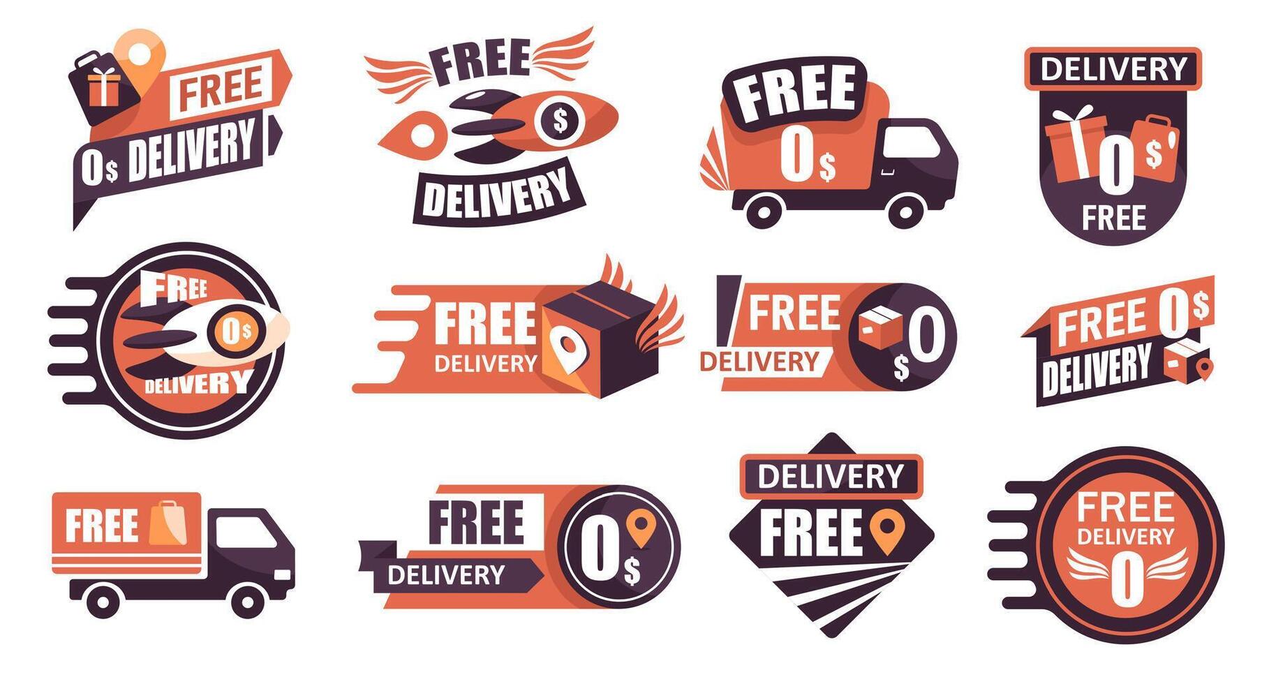 Fast delivery label. Quick delivery badge with truck, rocket, box and clock icons, fast delivery service labels. express shipping banners set vector