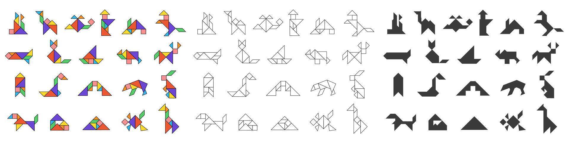 Tangram shapes. Traditional outline and silhouette Chinese geometric puzzle game with seven pieces, abstract flat geometry triangle square rhombus shapes. tangram set vector