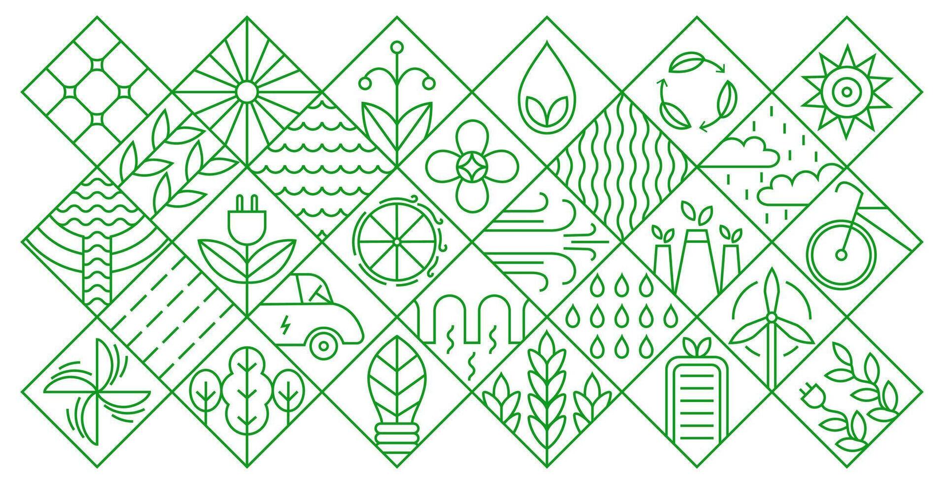 Energy geometry icons. Green environment geometric pattern with minimal line leaf water eco energetic symbols, simple nature energy power icons bauhaus style. background vector