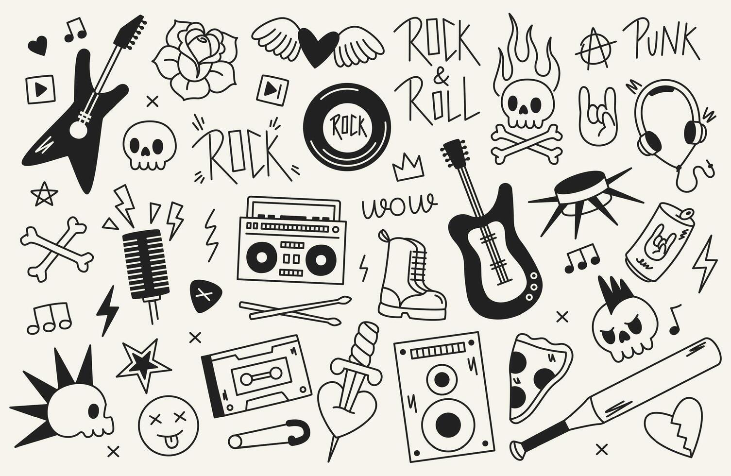 Rock n roll icon. Punk music doodle stickers with guitar phrase star heart, rock and roll band badges, hand drawn rock music signs for logo and tattoo design. set vector