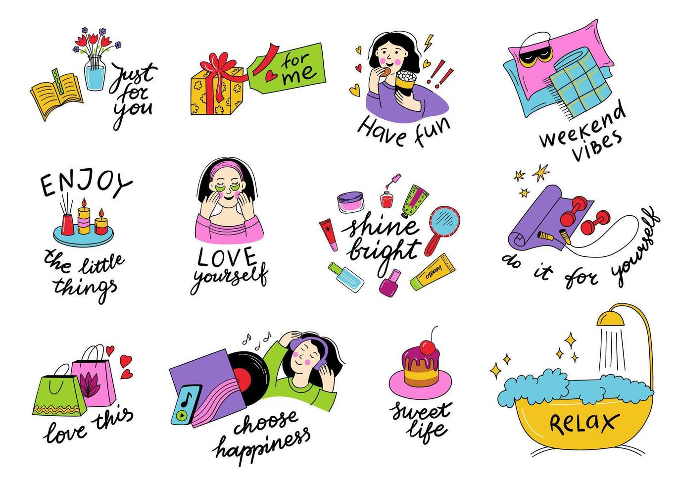 Self care stickers. Self gratitude wellness love and mental health sticker set, doodle positive health care quotes and cute funny icons, relax activities for woman. set vector