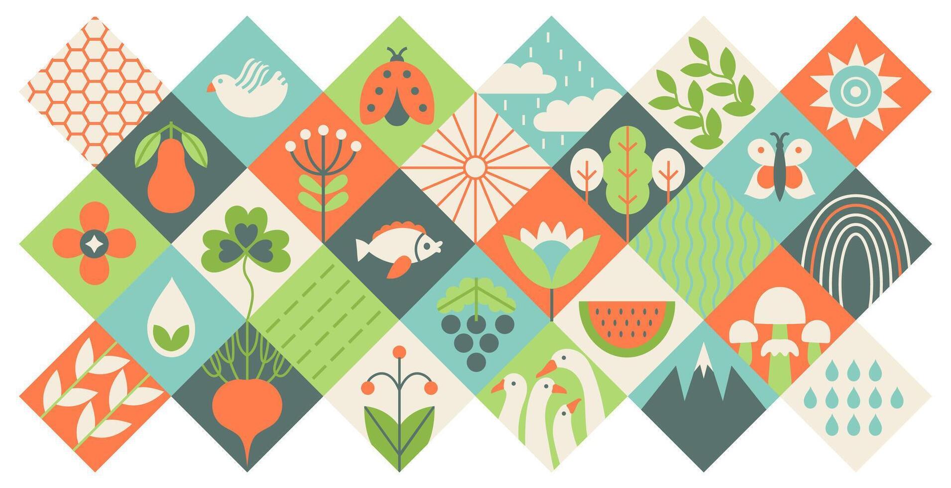 Ecology geometric background. Abstract eco pattern green leaf plant tree branch nature elements, flat botanical simple geometry shapes eco agriculture concept. garden banner vector