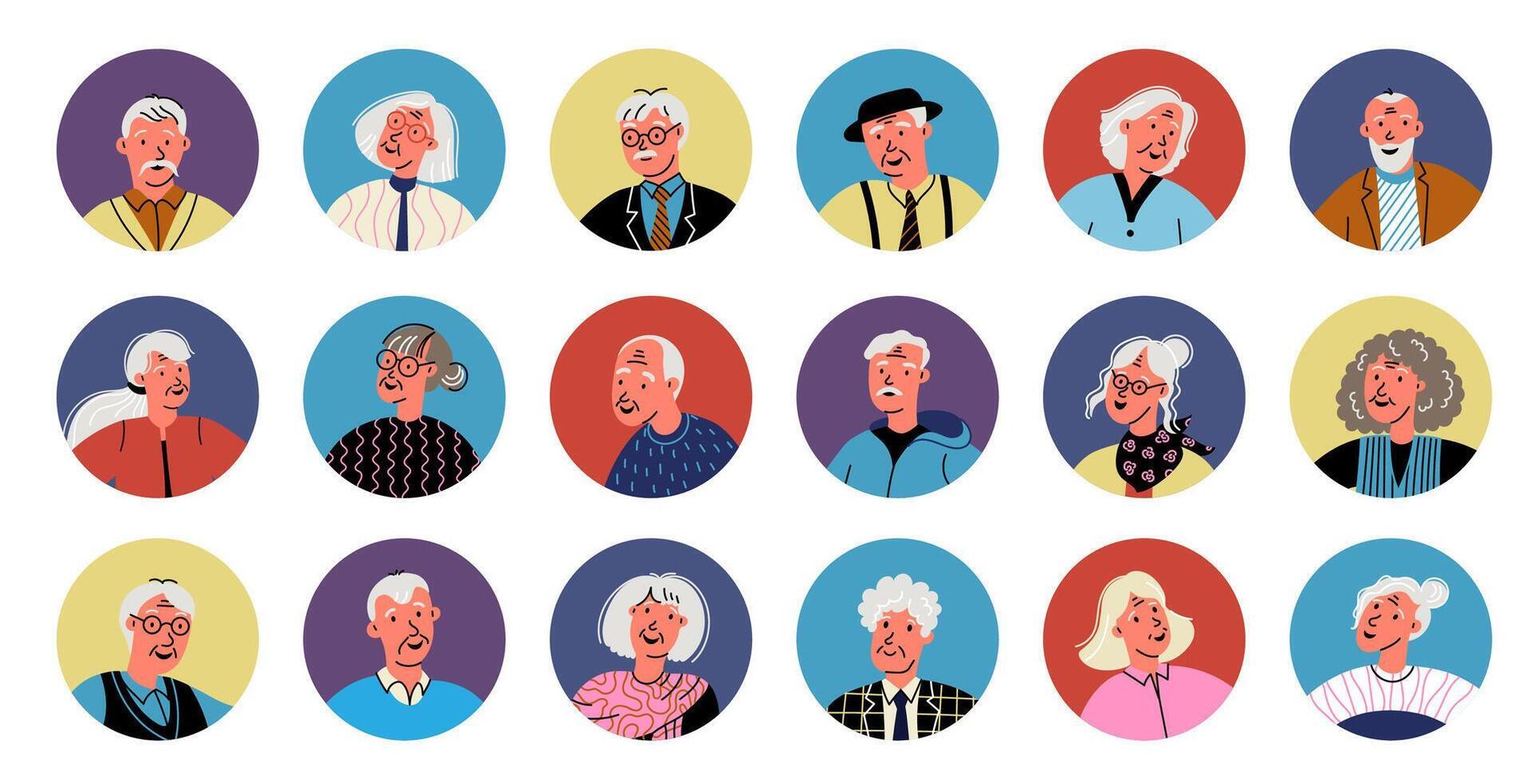 Elderly people avatar. Senior male female face avatars, old grandfather grandmother character portraits, group of different older people, elder age persons. collection vector